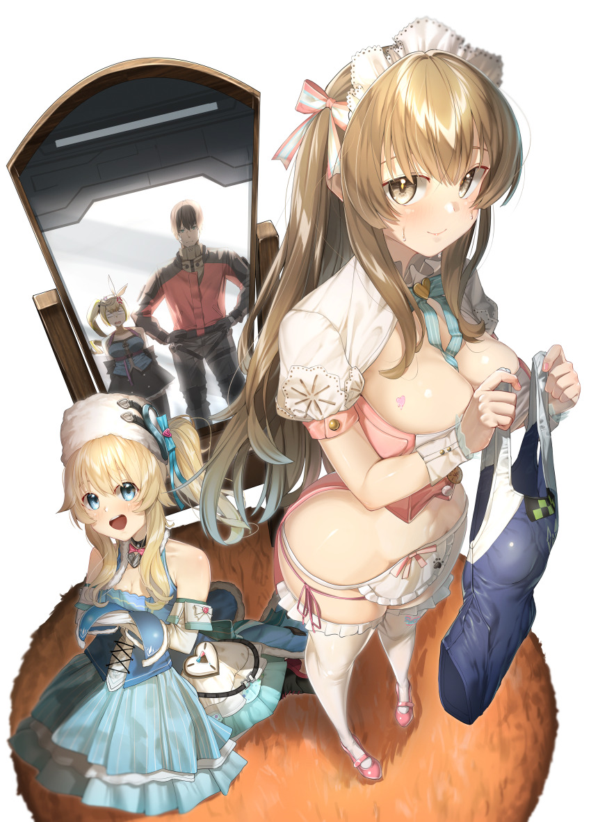 1boy 3girls absurdres anger_vein apron bare_shoulders blank_eyes blonde_hair blue_eyes bow_hairband breasts brown_eyes brown_hair cleavage commander_(girls&#039;_frontline) commentary_request corset drill_hair frills full-length_mirror girls&#039;_frontline girls&#039;_frontline_2:_exilium grey_eyes hairband highres holding holding_swimsuit holding_unworn_clothes k2_(girls&#039;_frontline) large_breasts long_hair looking_at_viewer mirror multiple_girls navel official_alternate_costume one-piece_swimsuit panties pink_corset pink_panties pink_shoes reflection sharkry_(girls&#039;_frontline_2) sharkry_(swimsuit_idol)_(girls&#039;_frontline_2) shoes shrug_(clothing) side-tie_panties side_ponytail smile swimsuit thighhighs underwear unworn_swimsuit vepley_(girls&#039;_frontline_2) vepley_(sparkling_wish)_(girls&#039;_frontline_2) waist_apron walking_nakta white_apron white_hairband white_shrug white_thighhighs white_wrist_cuffs wrist_cuffs yellow_pupils yoohee_(girls&#039;_frontline_2) yoohee_(miracle_sweetheart)_(girls&#039;_frontline_2)