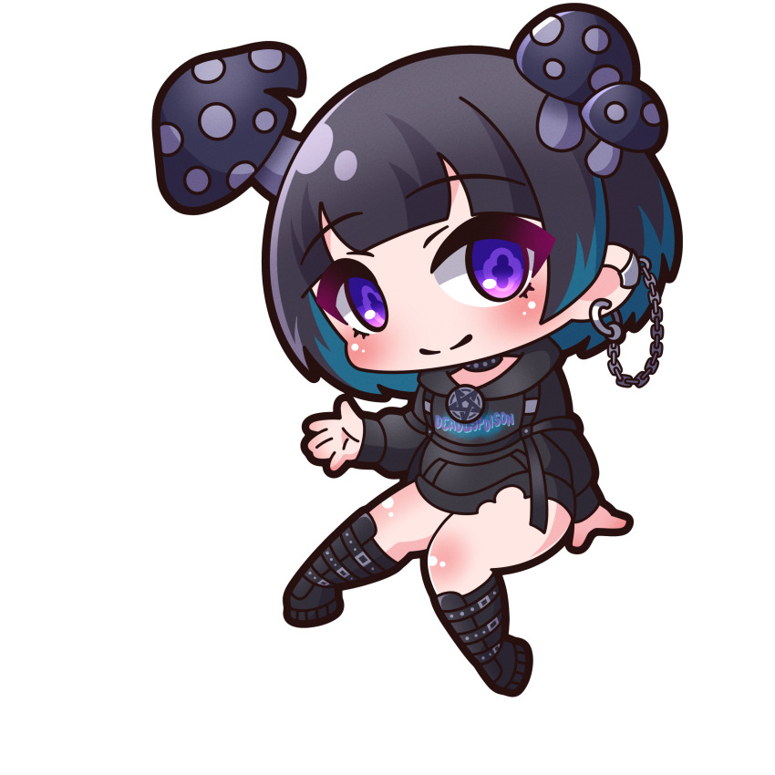 1girl absurdres black_boots black_hair black_hoodie blue_hair blush boots chibi closed_mouth clothes_writing commentary_request drawstring ear_chain english_text highres hood hood_down hoodie kinokoma_tango knee_boots linked_piercing long_sleeves looking_at_viewer multicolored_hair mushroom_on_head original puffy_long_sleeves puffy_sleeves purple_eyes saishosaisekojo simple_background sitting smile solo transparent_background two-tone_hair