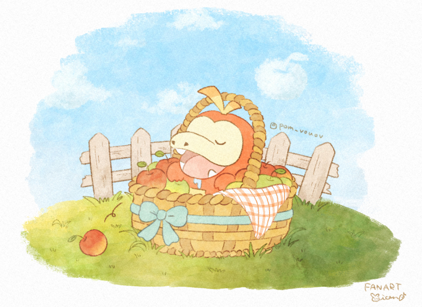 apple basket closed_eyes cloud commentary_request day fangs fence food fruit fuecoco game_freak grass highres in_basket in_container mian_(user_kwcj2833) nintendo no_humans open_mouth outdoors pokemon pokemon_(creature) sky solo tongue u_u