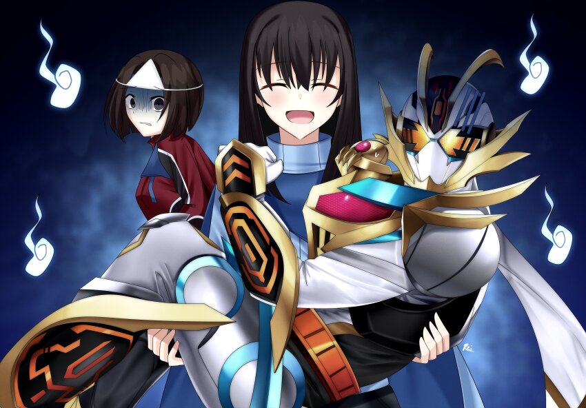 1boy 2girls absurdres alchemist_academy_school_uniform animification bodysuit bug carrying carrying_person crosshopper rider_belt foreshortening gloves gold_trim grasshopper highres ichou_renge insect kamen_rider kamen_rider_gotchard kamen_rider_gotchard_(series) kamen_rider_platina_gotchard kudo_rinne locomotive looking_at_viewer multiple_girls pink_eyes reiei_8 rider_belt scared scarf solo steam_locomotive tenliner tokusatsu white_bodysuit white_gloves