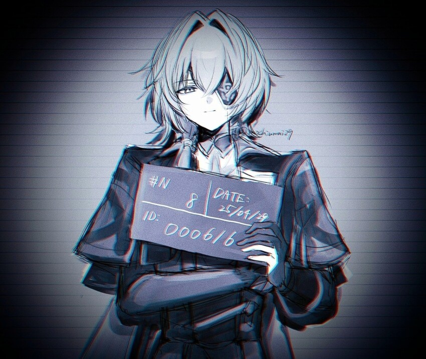 1boy anaxa_(honkai:_star_rail) aqua_hair closed_mouth eyepatch gloves highres holding honkai:_star_rail honkai_(series) looking_at_viewer male_focus medium_hair mochiumai29 one_eye_covered partially_fingerless_gloves side_ponytail smile solo twitter_username upper_body