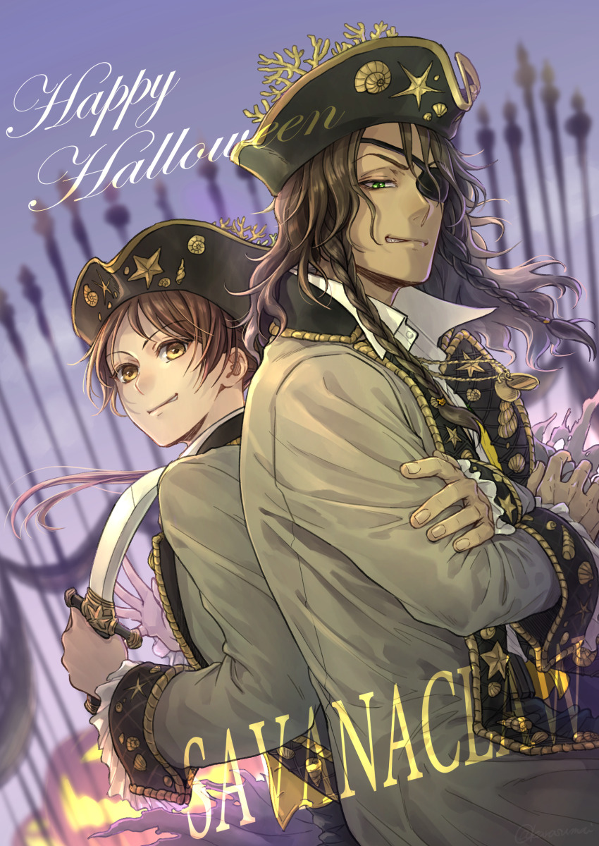 1boy 1girl absurdres back-to-back braid brown_coat coat commentary_request crossed_arms crowdance cutlass dagger dark-skinned_male dark_skin english_text eyepatch green_eyes halloween happy_halloween hat hetero highres holding holding_dagger holding_knife holding_weapon jack-o&#039;-lantern knife leona_kingscholar long_hair looking_at_viewer pirate pirate_hat purple_background twin_braids twisted_wonderland upper_body weapon yellow_eyes yuu_(twisted_wonderland)