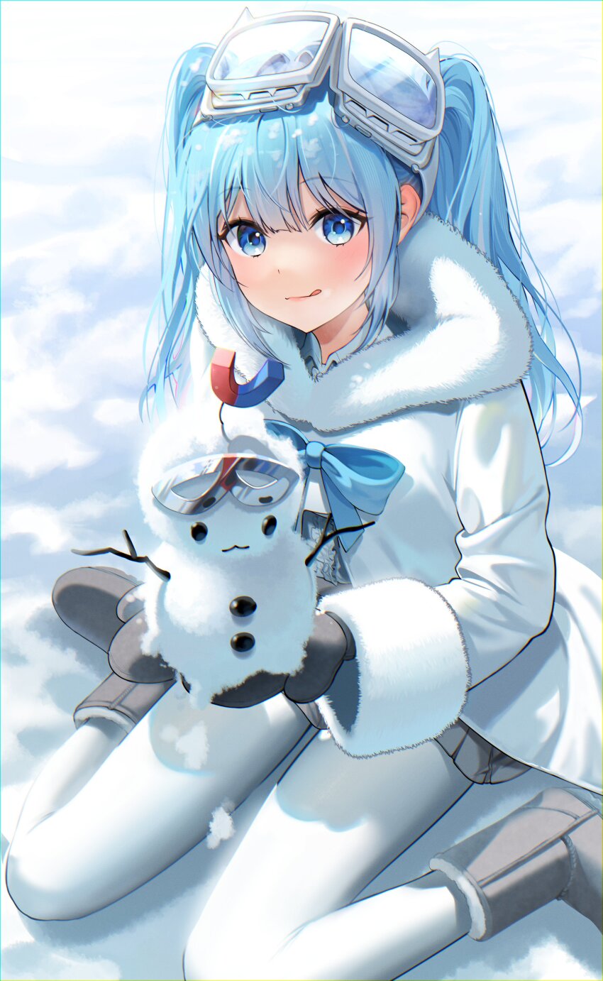 1girl absurdres arahashi_tabi ayoni_623 blue_eyes blue_hair boots commentary grey_boots highres snow snowman symbol-only_commentary winter