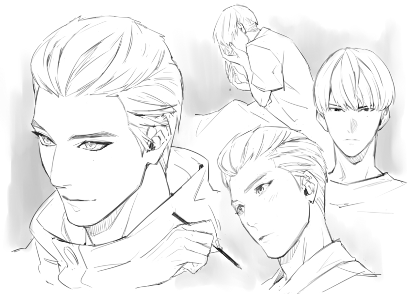 1boy covering_face greyscale hair_slicked_back han_joon-gi jacket limited_palette looking_at_viewer monochrome multiple_views ryuu_ga_gotoku_(series) ryuu_ga_gotoku_7 shirt spoilers surgery talgi transformation white_eyes white_shirt