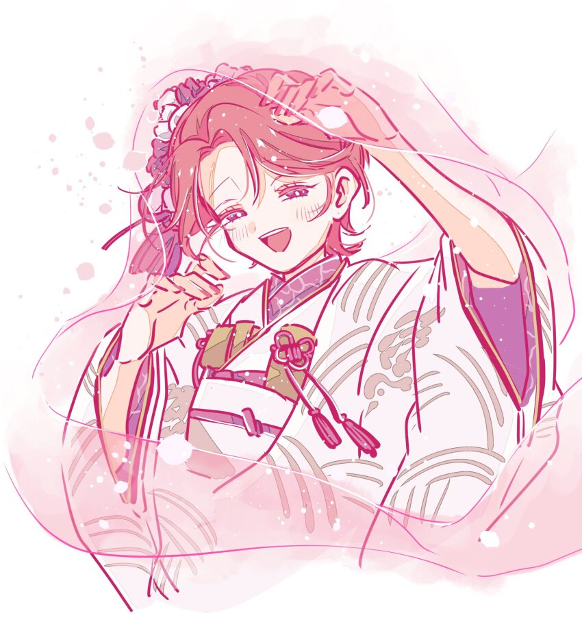 1girl :d arm_up blush bright_pupils commentary_request cropped_torso falling_petals flower flower_knot gyosite hair_flower hair_ornament half-closed_eyes hand_up highres isurugi_futaba japanese_clothes kimono light_particles looking_at_viewer obi obijime official_alternate_costume open_mouth parted_bangs petals pink_nails purple_eyes purple_flower red_hair sash see-through_clothes see-through_veil short_hair shoujo_kageki_revue_starlight shoujo_kageki_revue_starlight_-re_live- simple_background sleeves_pushed_up smile solo tassel tassel_hair_ornament teeth upper_body upper_teeth_only veil white_background white_flower white_kimono white_pupils wide_sleeves