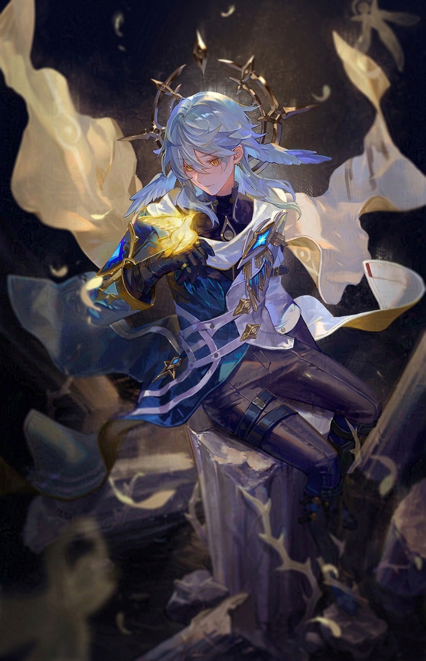 1boy bird bird_on_hand black_boots black_gloves black_pants blue_hair blue_jacket blurry_edges boots closed_mouth daeraeband earrings feathered_wings full_body gloves glowing_bird hair_between_eyes halo halo_behind_head head_wings highres honkai:_star_rail honkai_(series) jacket jewelry long_hair long_sleeves looking_at_animal male_focus multiple_rings pants ring scarf solo sunday_(honkai:_star_rail) thigh_strap white_jacket white_scarf white_wings wings yellow_eyes