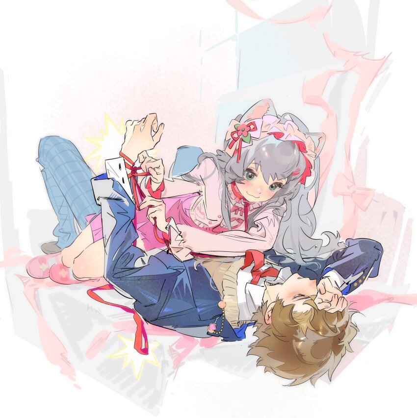 1boy 1girl animal_ears assertive_female blush collar degrees_of_lewdity girl_on_top green_eyes grey_hair hetero leash player_character_(degrees_of_lewdity) robin_(degrees_of_lewdity)