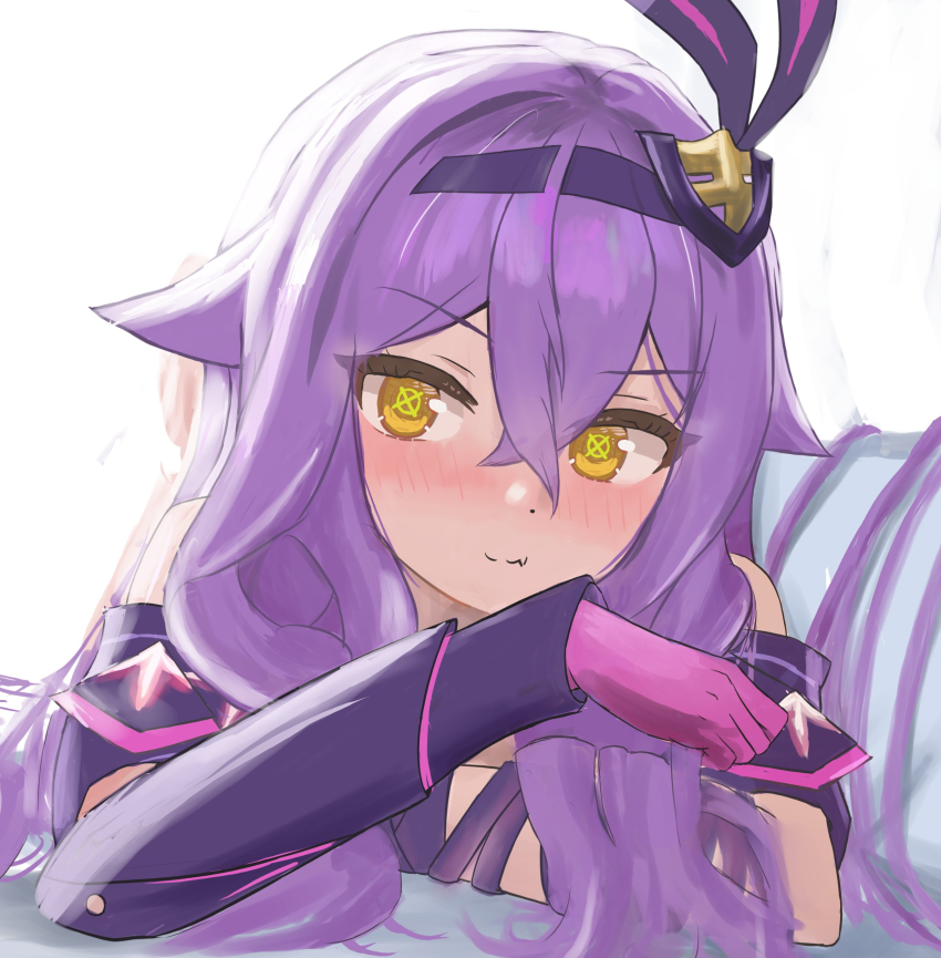 1girl absurdres blush brown_eyes closed_mouth commentary_request couch fang fang_out gloves hair_between_eyes hair_flaps hand_up highres honkai_(series) honkai_impact_3rd long_hair looking_at_viewer lying masita_(kcsf3528) on_couch on_stomach pink_gloves purple_hair sirin sirin_(miracle_magical_girl) smile solo v-shaped_eyebrows very_long_hair white_background