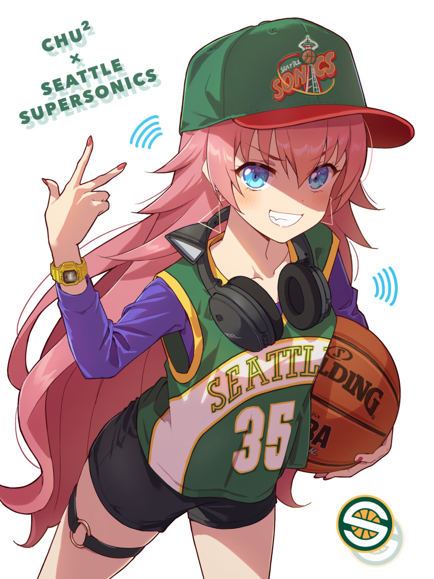 1girl animal_ear_headphones animal_ears ball bang_dream! basketball_(object) basketball_jersey black_shorts blush cat_ear_headphones character_name collarbone copyright_name fake_animal_ears green_shirt headphones headphones_around_neck highres holding holding_ball leaning_forward logo long_hair long_sleeves looking_at_viewer national_basketball_association o-ring o-ring_thigh_strap pink_hair purple_shirt red_nails seattle_supersonics shirt short_shorts shorts smile solo spalding tamade_chiyu thigh_strap v v-shaped_eyebrows very_long_hair watch white_background wristwatch yazawa_happyaro