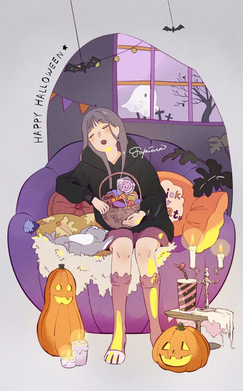 1girl animal artist_name bare_tree basket bat_(animal) black_hoodie black_shirt brown_hair candle candlestand candy cat closed_eyes cup drinking_straw fire food full_body ghost halloween hanging_light happy_halloween highres holding holding_basket hood hood_down hoodie kneehighs long_hair night open_mouth original pillow plant potted_plant pumpkin shirt sitting sleeping socks solo sweets table tamiura_0422 tombstone tree window