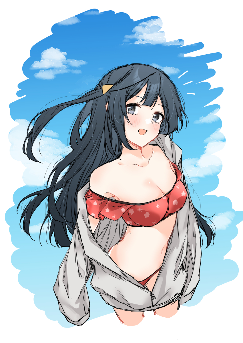 1girl :d absurdres armpits bare_shoulders bikini black_hair blue_sky blush border breasts cleavage cloud collarbone commentary_request day grey_eyes grey_jacket hair_ornament highres jacket jacket_over_swimsuit long_hair looking_at_viewer love_live! love_live!_nijigasaki_high_school_idol_club medium_breasts notice_lines off-shoulder_bikini off_shoulder official_alternate_costume one_side_up open_clothes open_jacket open_mouth red_bikini scanning sky smile solo swimsuit triangle_hair_ornament white_border yuki_setsuna