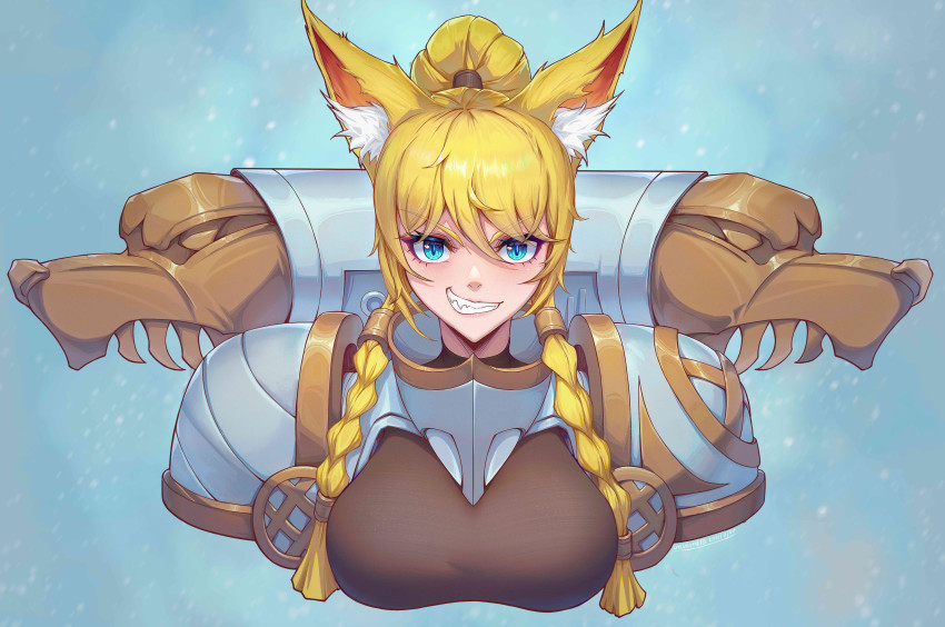 1girl absurdres animal_ears armor armored_dress blonde_hair blue_background blue_eyes braid dress genderswap genderswap_(mtf) grin highres leman_russ long_hair looking_at_viewer pauldrons ponytail sharp_teeth shoulder_armor smile solo teeth upper_body warhammer_40k wolf_ears wolf_girl zelun_jia