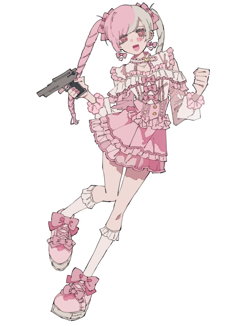 1girl :d artistic_error bare_shoulders blush bow bow_skirt bright_pupils buttons center_frills clenched_hand collar cross-laced_clothes cross-laced_skirt drill_hair ear_piercing extra_digits footwear_bow frilled_collar frilled_sleeves frilled_socks frills full_body gun hair_bow hands_up heart heart_collar high-waist_skirt highres holding holding_gun holding_weapon hoshimura_yumea kneehighs knees_together_feet_apart leaning_to_the_side long_sleeves looking_at_viewer multicolored_hair nail_polish off-shoulder_shirt off_shoulder open_mouth original piercing pink_bow pink_eyes pink_hair pink_nails pink_shoes pink_skirt puffy_long_sleeves puffy_sleeves shirt shirt_bow shirt_tucked_in shoelaces shoes simple_background skirt smile socks solo split-color_hair standing standing_on_one_leg tongue twin_drills two-tone_hair weapon white_background white_collar white_hair white_pupils white_shirt white_socks