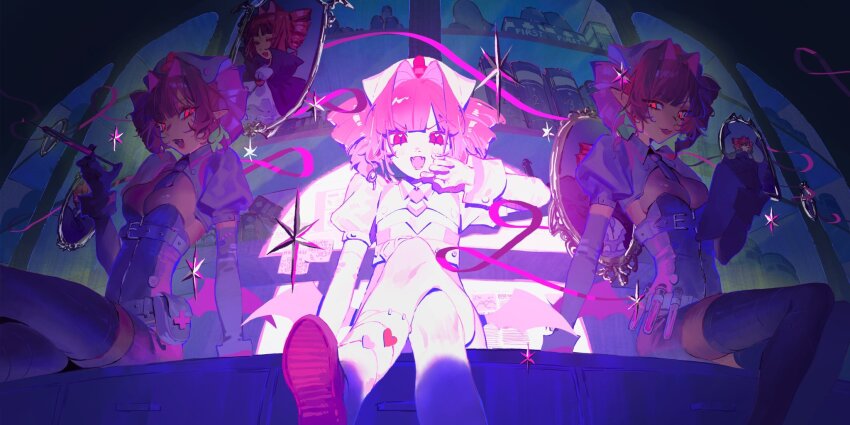 3girls blunt_bangs bookshelf breasts cabinet clipboard cross demon_wings drill_hair fang fisheye flat_chest from_below glowing glowing_eyes hair_intakes hat heart_ornament highres holding holding_clipboard holding_syringe kasane_teto low_wings medium_breasts multiple_girls multiple_persona muse_dash necktie nurse nurse_cap parted_bangs pink_ribbon pink_shoes pointy_ears red_cross red_eyes red_hair ribbon shelf shoes short_sleeves shrug_(clothing) sitting six_pointed_star soles syringe test_tube twin_drills white_shrug wings zimazhima