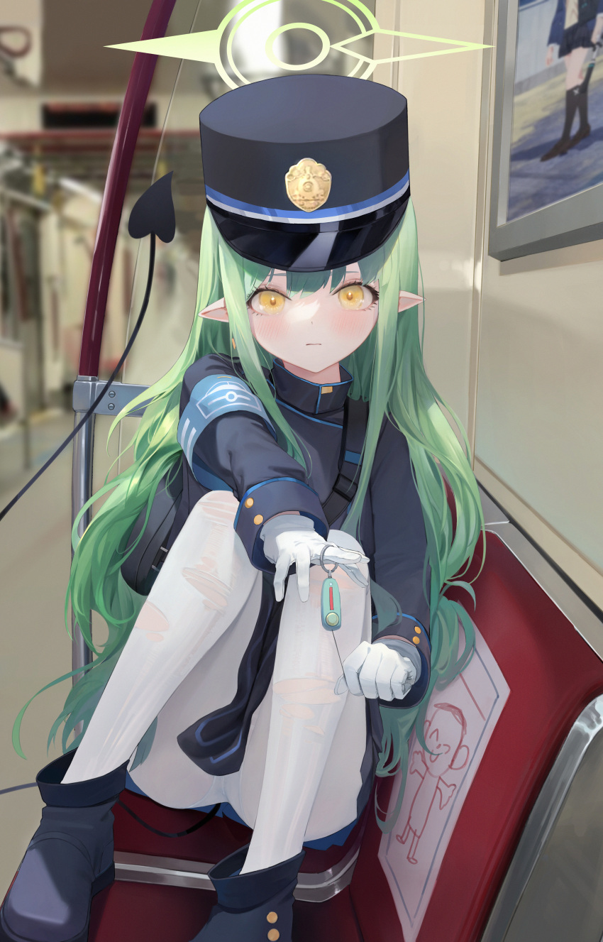 1girl absurdres armband backpack bag bbul_horn black_tail blue_archive blue_armband blue_hat blue_jacket blurry blurry_background blush boots closed_mouth commentary_request crime_prevention_buzzer demon_tail doodle_sensei_(blue_archive) gloves green_hair green_halo halo hat highres hikari_(blue_archive) jacket kepi knees_up long_hair long_sleeves looking_at_viewer military_hat panties panties_under_pantyhose pantyhose pantyshot pointy_ears sensei_(blue_archive) sitting solo tail tail_raised torn_clothes torn_pantyhose toronto train_interior underwear very_long_hair white_gloves white_pantyhose yellow_eyes