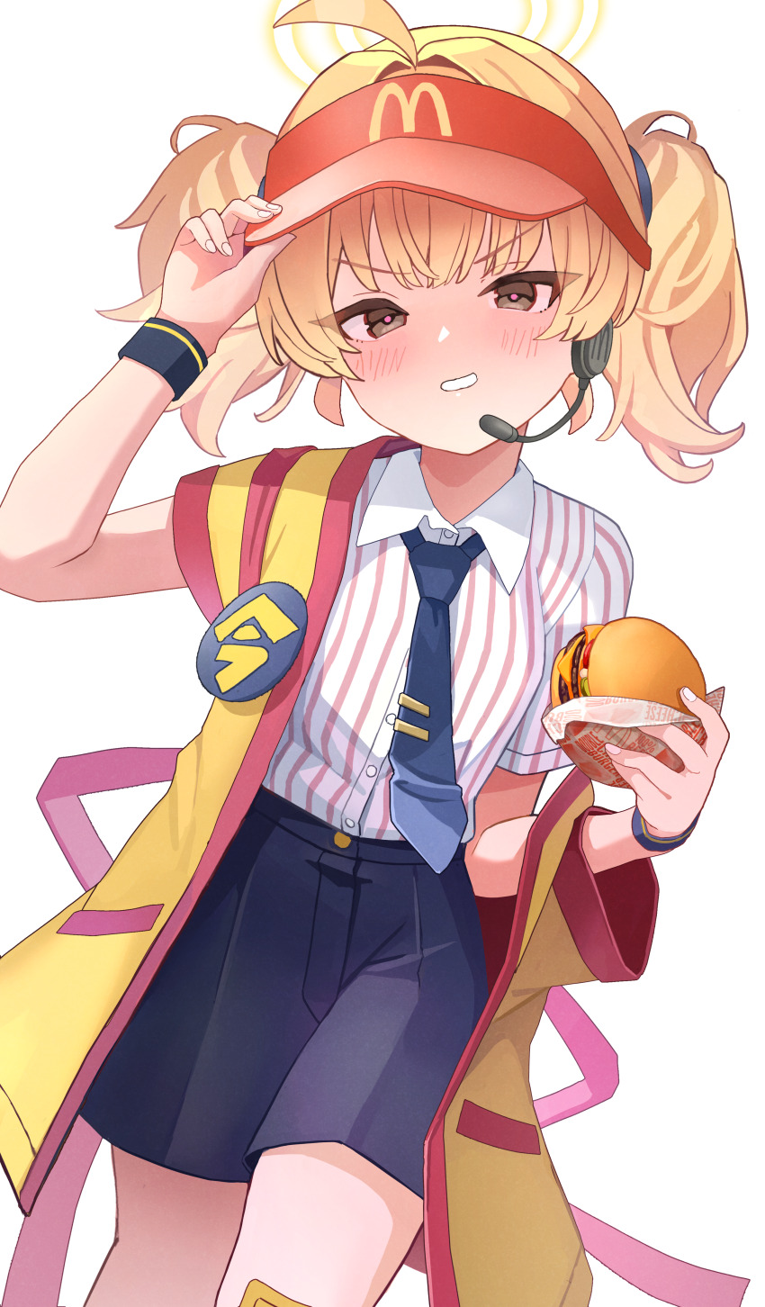 absurdres ahoge badge bandaid bandaid_on_knee bandaid_on_leg black_skirt black_wrist_cuffs blonde_hair blue_archive blush brown_eyes burger button_badge commentary_request cosplay cowboy_shot employee_uniform food grin hair_intakes hand_on_headwear hand_up headset highres holding holding_burger holding_food imadake_dabuchi_tabemi imadake_dabuchi_tabemi_(cosplay) looking_at_viewer mcdonald&#039;s medium_hair nomio open_happi pink_eyes pinstripe_pattern pinstripe_shirt shirt simple_background skirt smile striped_clothes striped_shirt tsurime twintails v-shaped_eyebrows vertical-striped_clothes vertical-striped_shirt visor_cap white_background white_shirt wrist_cuffs yellow_happi yoshimi_(blue_archive)