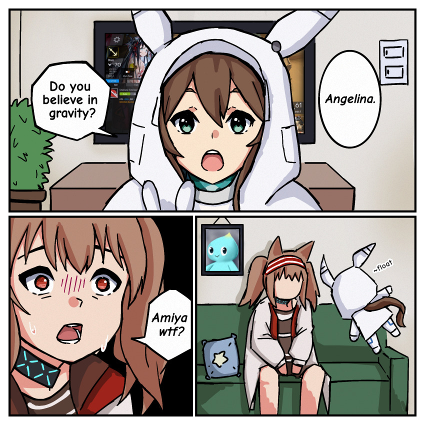 2girls 3koma :o amiya_(arknights) amiya_(guard)_(arknights) amiya_(guard)_(touch_the_stars)_(arknights) angelina_(arknights) animal_ears arknights black_choker blue_eyes brown_hair chao_(sonic) chibi choker comic commentary english_commentary english_text floating fox_ears fox_girl hairband highres hood hoodie indoors infection_monitor_(arknights) light_switch long_hair long_sleeves looking_at_another multiple_girls neutral_chao plant potted_plant red_eyes red_hairband shura_(shura_cs) sitting sonic_(series) speech_bubble straight-on striped_clothes striped_hairband sweat television twintails white_hoodie