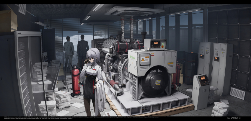 1girl 2boys air_conditioner animal_ears black_dress coat computer computer_tower dress drum_(container) engine fire_extinguisher formal_clothes generator haguruma_c highres holding holding_phone id_card indoors jacket lab_coat locker machinery monitor mountainous_horizon multiple_boys office original paint_palette pantyhose paper phone red_eyes screen shirt short_hair suit suit_jacket unworn_coat white_coat white_hair white_shirt window