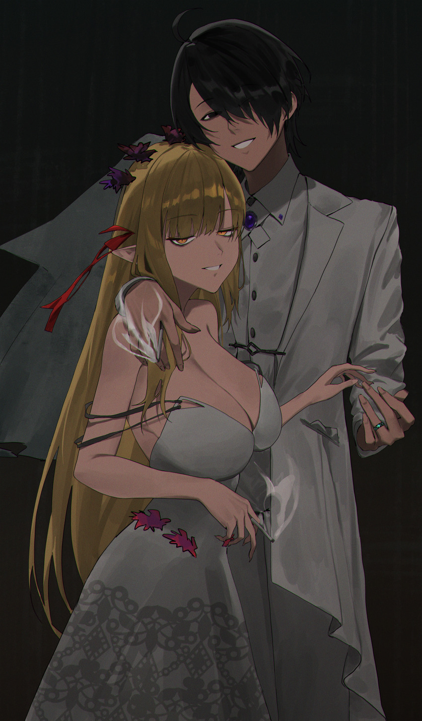 1boy 1girl ahoge araragi_koyomi bad_tag black_eyes black_hair blonde_hair breasts bridal_veil bride brooch buttons cigarette cleavage dress fingernails flower formal_clothes grin groom hair_flower hair_ornament hair_ribbon husband_and_wife jewelry kiss-shot_acerola-orion_heart-under-blade long_fingernails long_hair monogatari_(series) oshino_shinobu pointy_ears ponytail ribbon ring smile smoke suit tabulagami teeth veil white_dress white_suit