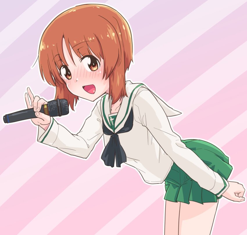 1girl blush brown_eyes brown_hair girls_und_panzer green_skirt highres holding holding_microphone looking_at_viewer microphone miniskirt monolith_(suibou_souko) nishizumi_miho ooarai_school_uniform open_mouth pink_background pleated_skirt school_uniform short_hair simple_background skirt smile solo striped_background