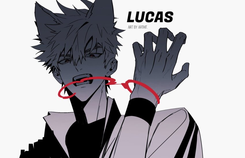 animal_ears cuffs greyscale hair_between_eyes hand_up handcuffs highres looking_at_viewer lu_guang male_focus monochrome mrsseven745 open_mouth shiguang_dailiren shirt short_hair simple_background solo spiked_hair sportswear spot_color teeth tongue upper_body