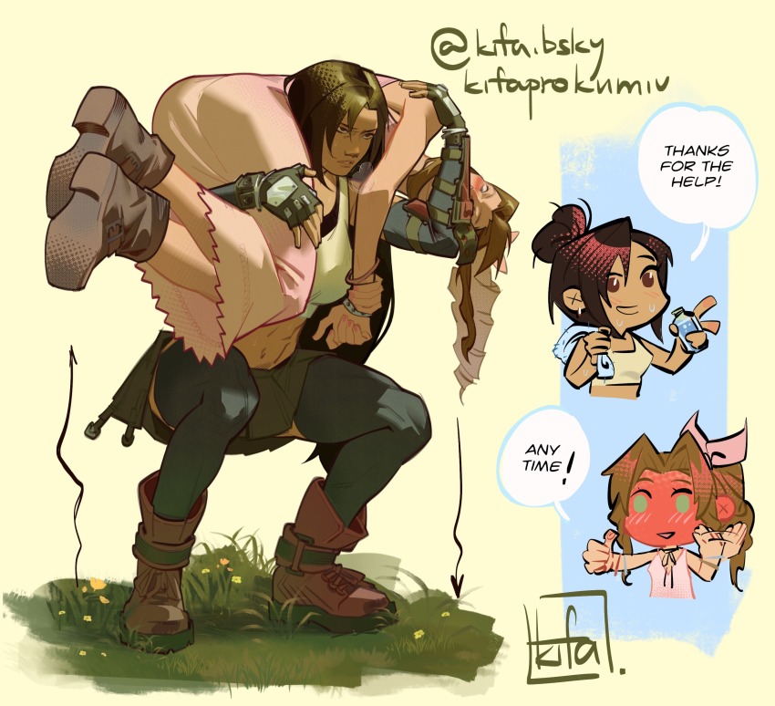 2girls abs absurdres aerith_gainsborough black_hair blush boots bottle bow bracelet breath brown_hair brown_shoes carrying dress fanning_self final_fantasy final_fantasy_vii final_fantasy_vii_remake fingerless_gloves fireman&#039;s_carry flower gloves grass green_eyes hair_bow highres jewelry kurdupl lifting_person long_hair multiple_girls pink_dress red_eyes shoes signature skirt squatting sweat tank_top thumbs_up tifa_lockhart toned towel vambraces water_bottle yuri