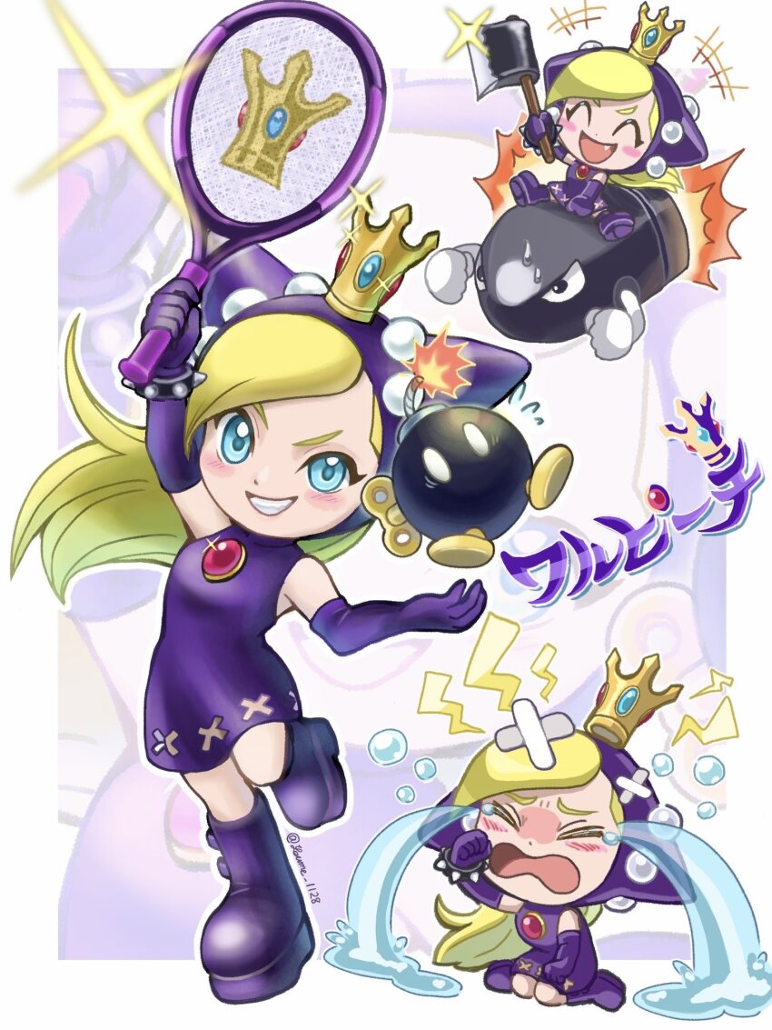 1girl artist_name axe bandaid bandaid_on_face bandaid_on_forehead blonde_hair blue_eyes bob-omb boots bracelet brooch bullet_bill closed_eyes crossed_bandaids crown crying dress elbow_gloves gloves grin highres holding holding_axe holding_tennis_racket hooded_dress jewelry long_hair mario_(series) mario_power_tennis mario_tennis multiple_views nintendo open_mouth purple_dress purple_footwear purple_gloves sleeveless sleeveless_dress smile spiked_bracelet spikes streaming_tears suruga_kanade tears teeth warupeach