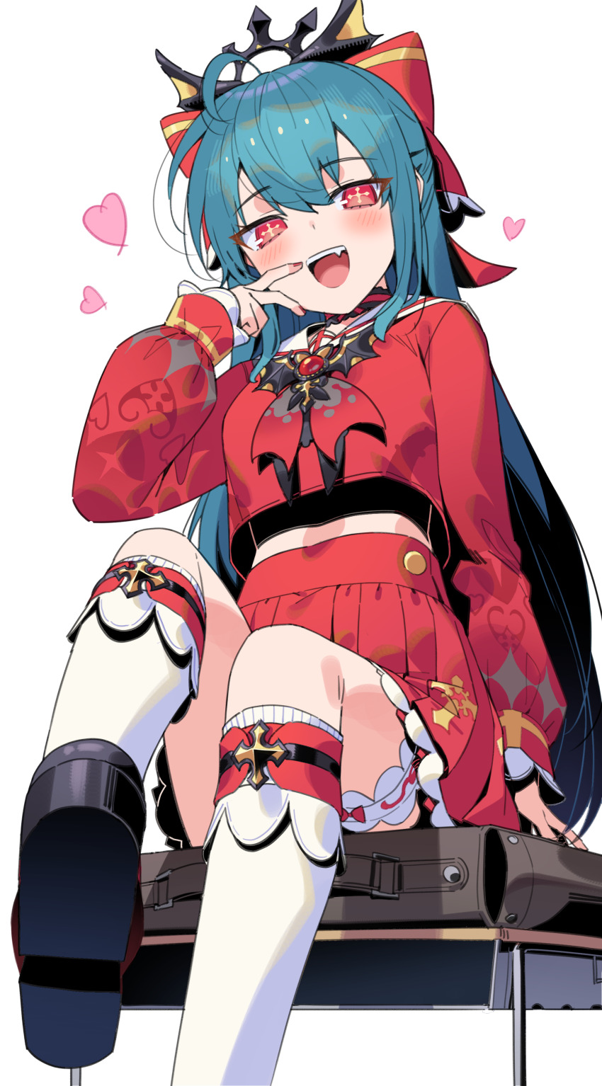 1girl absurdres ahoge bianca_(black_survival) black_choker black_shoes black_survival blue_hair bow brooch choker crop_top crop_top_overhang cross-shaped_pupils eternal_return:_black_survival fang hair_bow hand_up heart high-waist_skirt highres hop3 jewelry kneehighs leg_up long_hair long_sleeves looking_at_viewer midriff official_alternate_costume open_mouth pleated_skirt puffy_long_sleeves puffy_sleeves red_eyes red_serafuku red_shirt red_skirt sailor_collar school_uniform serafuku shirt shoes simple_background sitting skirt smile socks solo symbol-shaped_pupils thigh_strap tiara very_long_hair white_background white_sailor_collar white_socks