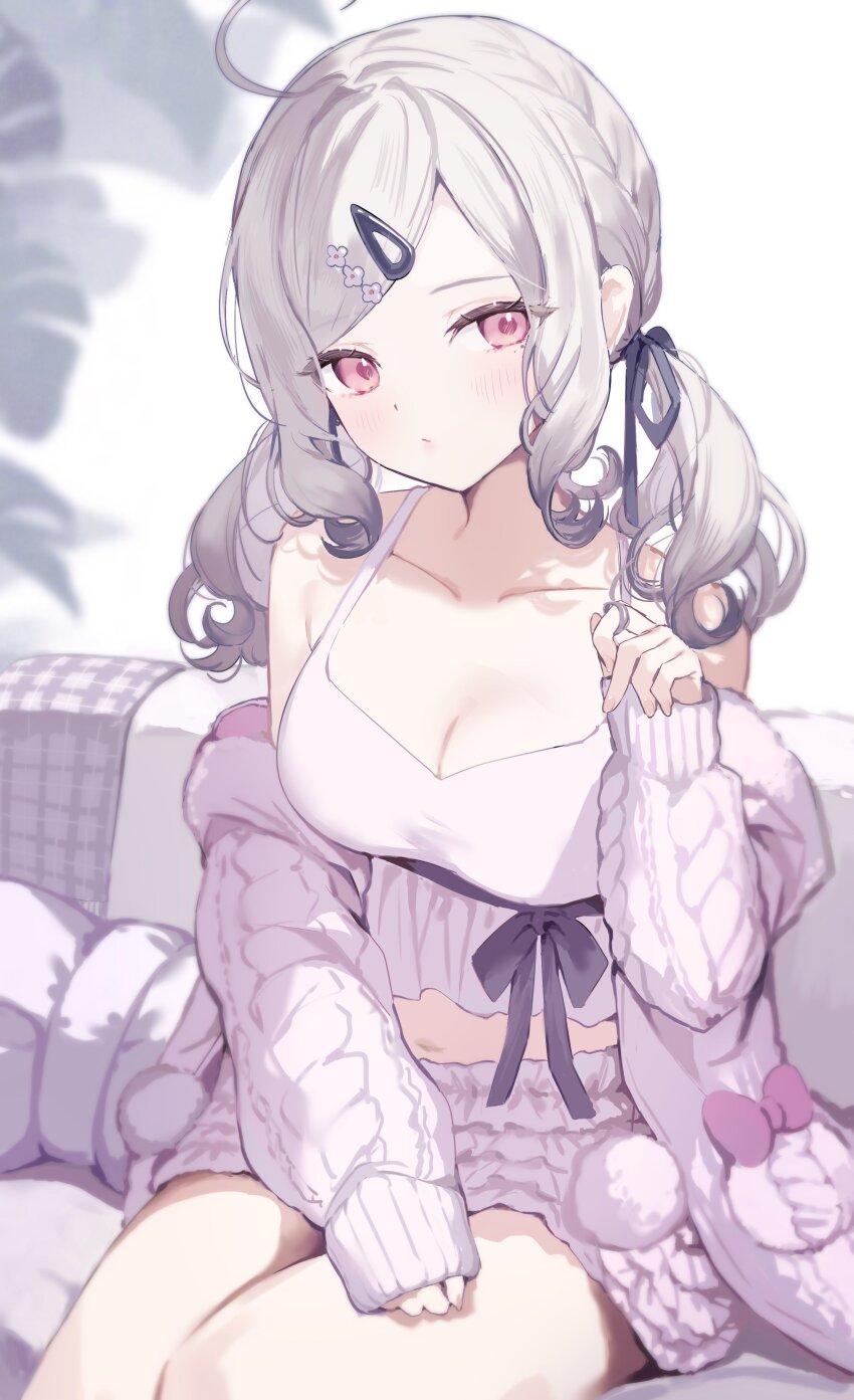 1girl absurdres ahoge bare_shoulders blush breasts camisole cleavage collarbone couch grey_hair hair_ornament hair_ribbon hairclip hand_up hell_fuuna highres jacket large_breasts long_hair long_sleeves looking_at_viewer midriff mole mole_under_eye navel nijisanji off_shoulder on_couch open_clothes pink_eyes playing_with_hair ribbon shorts sitting sleeves_past_wrists solo sukoya_kana sukoya_kana_(6th_costume) twintails virtual_youtuber