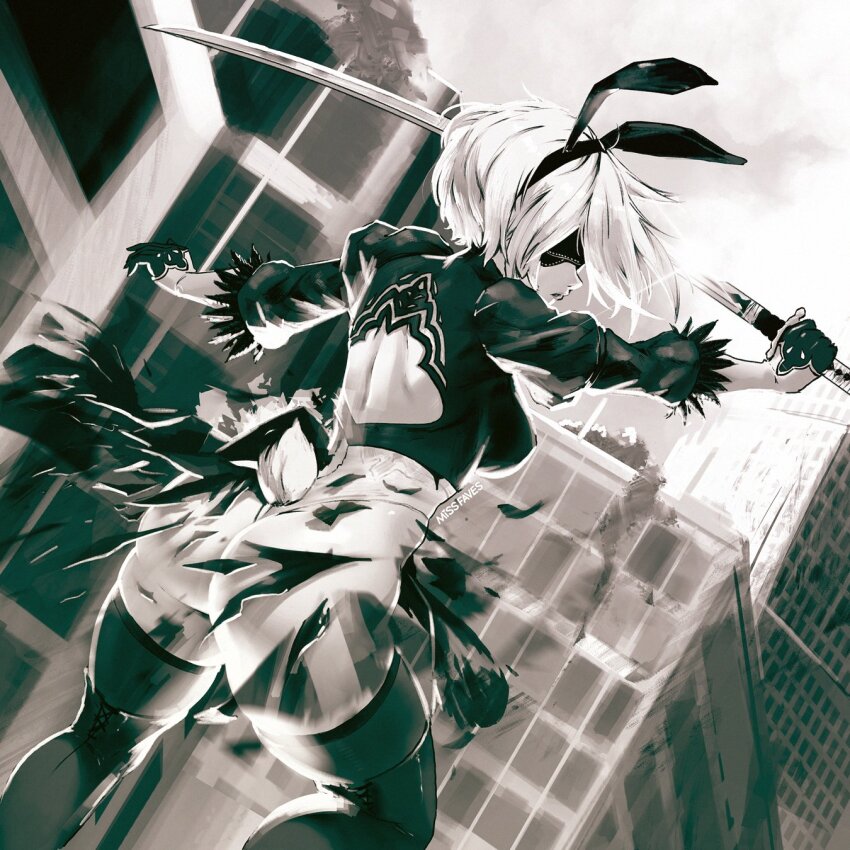 1girl 2b_(nier:automata) alternate_costume animal_ears ass back_cutout black_dress black_hairband black_thighhighs blindfold boots breasts cityscape clothing_cutout covered_eyes dress exploding_clothes fake_animal_ears feather-trimmed_sleeves feather_trim gloves greyscale hairband highleg highleg_leotard highres holding holding_sword holding_weapon juliet_sleeves leotard long_sleeves miss_faves monochrome nier:automata nier_(series) puffy_sleeves rabbit_ears rabbit_tail short_hair solo sword tail thighhighs thighhighs_under_boots thong_leotard torn_clothes torn_dress weapon white_hair white_leotard