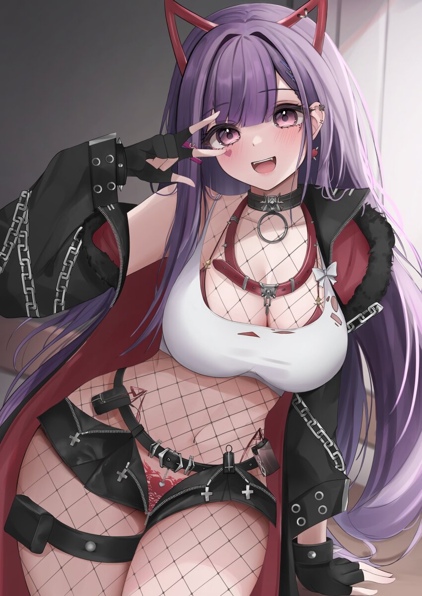 1girl absurdres akuma_nihmune akuma_nihmune_(demon_past) animal_collar belt black_belt black_choker black_gloves black_jacket black_shorts bodystocking bracelet breasts chain choker cleavage collar crop_top cross earrings facial_mark fingerless_gloves fishnet_bodystocking fishnets fur-trimmed_jacket fur_trim gloves heart heart_facial_mark highres indie_virtual_youtuber jacket jewelry large_breasts long_hair micro_shorts navel non-web_source open_clothes open_fly open_jacket open_mouth purple_eyes purple_hair red_collar shorts solo spiked_bracelet spiked_collar spikes tank_top teeth thigh_strap torn_clothes torn_tank_top upper_teeth_only v v_over_eye virtual_youtuber white_tank_top yumiewuri zipper