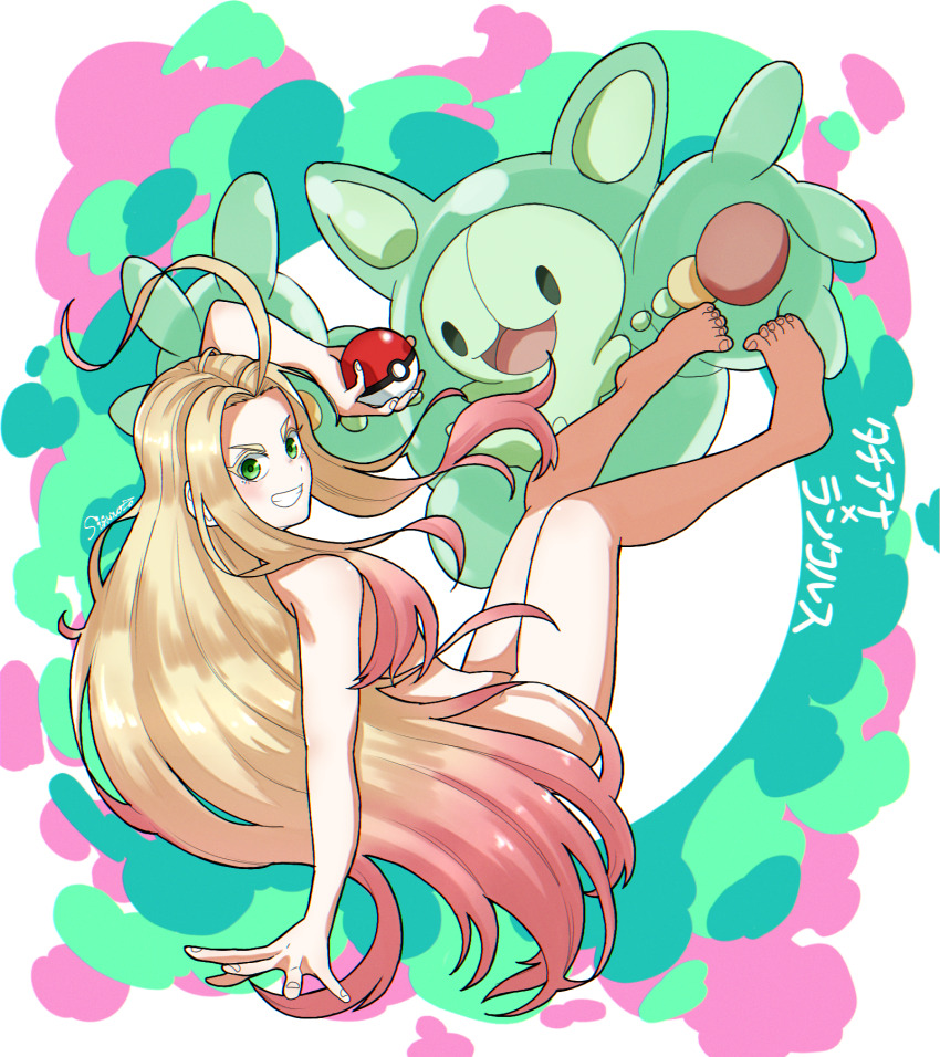 1girl :d ahoge barefoot blonde_hair full_body gen_5_pokemon gradient_hair green_eyes highres holding holding_poke_ball huge_ahoge long_hair looking_at_viewer multicolored_hair nintendo open_mouth pink_hair poke_ball pokemon pokemon_(creature) reuniclus shishiruto smile tatiana_(undead_unluck) undead_unluck very_long_hair