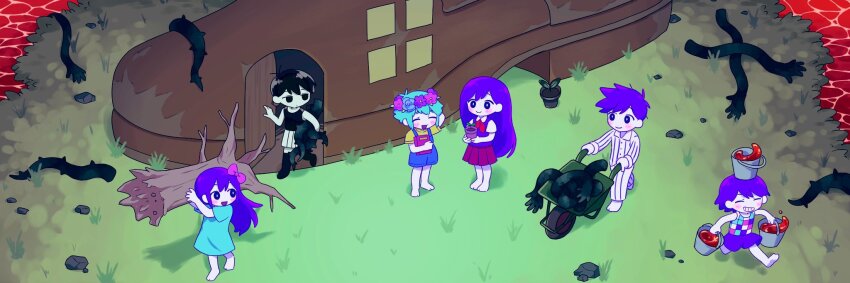 2girls 4boys arm_behind_head arm_up aubrey_(headspace)_(omori) aubrey_(omori) barefoot basil_(headspace)_(omori) basil_(omori) black_eyes black_hair black_socks black_tank_top blue_overalls blue_shirt blush bow bright_pupils bucket bucket_on_head chibi closed_eyes closed_mouth collared_shirt colored_skin door flower flower_pot green_hair grin hair_bow head_wreath hero_(headspace)_(omori) hero_(omori) highres holding holding_bucket holding_flower_pot kel_(headspace)_(omori) kel_(omori) kneehighs long_hair long_shirt long_sleeves looking_at_another mari_(headspace)_(omori) mari_(omori) miranosub multiple_boys multiple_girls neckerchief object_on_head omori omori_(omori) open_mouth overall_shorts overalls pajamas pants parted_lips pink_bow plant pleated_skirt potted_plant purple_eyes purple_hair purple_shorts purple_sweater_vest red_neckerchief red_skirt red_water shirt shoes short_hair short_sleeves shorts skirt smile socks sweater_vest t-shirt tank_top teeth wheelbarrow white_pupils white_shirt white_shorts white_skin window yellow_shirt