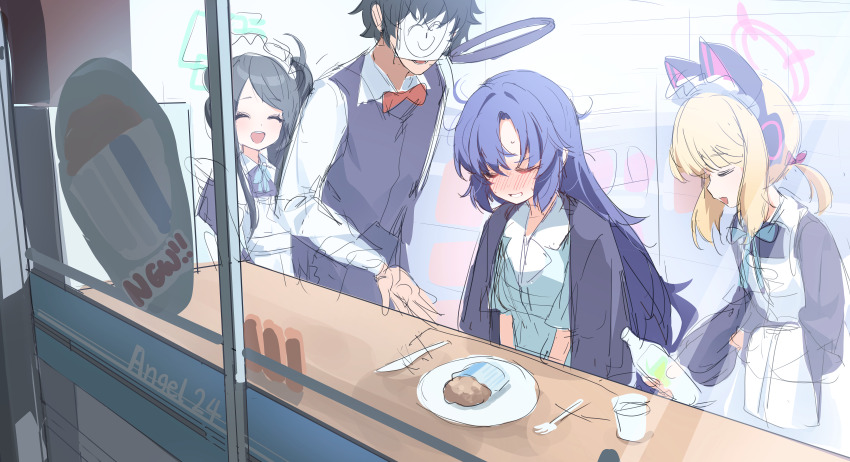 1boy 3girls ^_^ absurdres animal_ear_headphones animal_ears apron aris_(blue_archive) aris_(maid)_(blue_archive) black_hair blonde_hair blue_archive blush bow bowtie butler cat_ear_headphones closed_eyes commentary convenience_store doodle_sensei_(blue_archive) elbow_carry english_commentary fake_animal_ears gyool halo headphones highres incredibly_absurdres maid maid_apron maid_headdress momoi_(blue_archive) momoi_(maid)_(blue_archive) multiple_girls nose_blush official_alternate_costume paper_on_head purple_hair red_bow red_bowtie sensei_(blue_archive) shop smile yuuka_(blue_archive) yuuka_(pajamas)_(blue_archive)