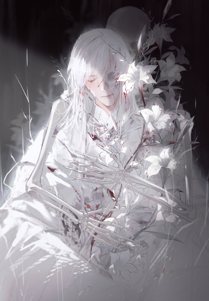 1boy absurdres beads black_background blood blood_on_clothes blood_on_face chinese_clothes closed_eyes closed_mouth cracked_mask cuts flower hair_ornament half_mask hanfu head_tilt highres hug injury jinguang_budaixi limited_palette long_sleeves male_focus mask parted_bangs parted_hair qiao_rulai rainbow side_part sidelighting skeleton solo straight-on swept_bangs turkey223333 upper_body white_flower white_hanfu white_mask white_sleeves