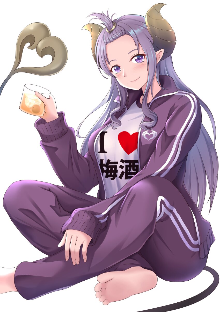 1girl absurdres bangs_pinned_back barefoot breasts brown_horns clothes_writing commentary_request crossed_legs cup demon_girl demon_horns demon_tail drink drinking_glass foot_out_of_frame forehead hair_ornament hand_on_own_leg hand_up heart heart_hair_ornament highres holding holding_cup honey_strap honey_strap_lame_costume horns i_heart... ice ice_cube jacket large_breasts light_blush long_hair long_sleeves looking_at_viewer mole mole_under_mouth nanashi_inc. open_clothes open_jacket pants pointy_ears purple_eyes purple_hair purple_jacket purple_pants purple_track_suit rush_(rush65336816) saionji_mary shirt sidelocks simple_background sitting smile soles solo t-shirt tail toes topknot track_jacket track_pants track_suit very_long_hair virtual_youtuber white_background white_shirt