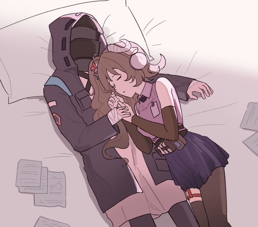 1girl 1other animal_ears arknights asymmetrical_legwear bandaged_hand bandages bare_shoulders black_coat black_gloves brown_hair brown_pantyhose brown_sleeves brown_thighhighs closed_eyes coat collared_shirt curled_horns detached_sleeves doctor_(arknights) elysiium eyjafjalla_(arknights) eyjafjalla_the_hvit_aska_(arknights) gloves head_on_pillow highres holding_hands hood hood_up hooded_coat horns long_hair long_sleeves lying miniskirt on_back on_side pantyhose paper parted_lips pillow pink_shirt pleated_skirt ponytail purple_skirt sheep_ears sheep_girl sheep_horns shirt side_ponytail single_leg_pantyhose single_thighhigh skirt sleeping sleeveless sleeveless_shirt thighhighs uneven_legwear white_horns