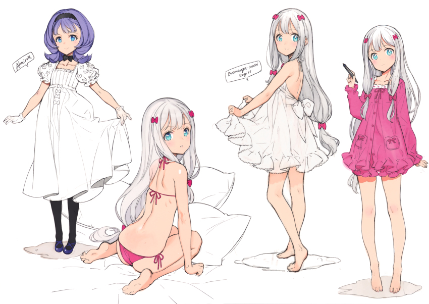 2girls absurdres almiria_bauduin ass barefoot bikini black_legwear blue_eyes bow character_name contrapposto copyright_name dress eromanga_sensei feet flat_chest flipped_hair full_body gloves gundam gundam_tekketsu_no_orphans hair_bow highres izumi_sagiri long_hair looking_at_viewer low-tied_long_hair multiple_girls multiple_views ooyari_ashito pajamas parted_lips pink_bikini purple_hair scan shoulder_blades sidelocks silver_hair smile swimsuit white_dress white_gloves