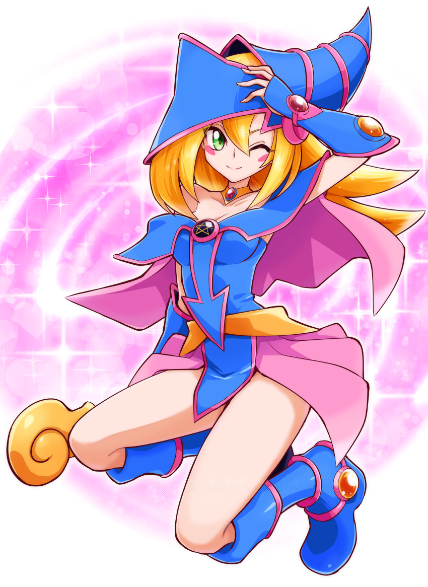 1girl absurdres arm_up blonde_hair blue_dress blush breasts cleavage collarbone dark_magician_girl detached_collar dress duel_monster hair_between_eyes hat highres holding holding_wand long_hair looking_at_viewer medium_breasts one_eye_closed pink_skirt skirt smile solo usoco wand wizard_hat yu-gi-oh!