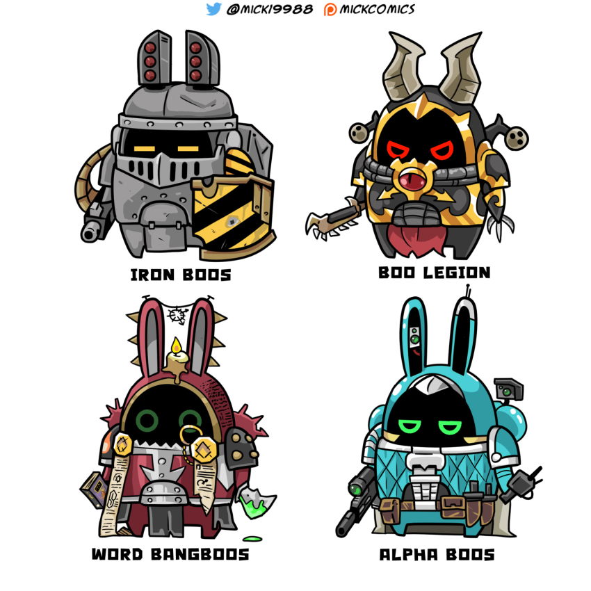 4others alpha_legion black_legion book camera candle_on_head chainsword chaos_(warhammer) crossover gun heavy_bolter highres holding holding_bolter holding_book holding_gun holding_shield holding_sword holding_weapon iron_warriors mick19988 multiple_others no_humans power_claw purity_seal rifle scope shield sniper_rifle sword warhammer_40k weapon word_bearers zenless_zone_zero