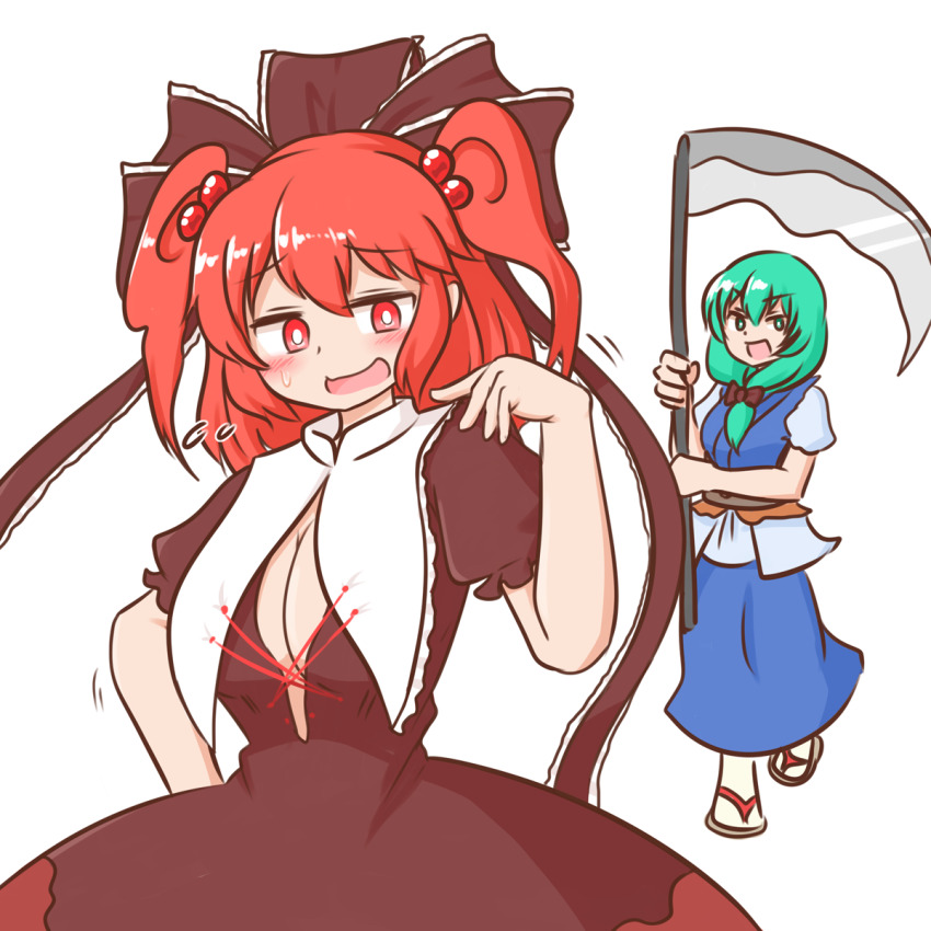 2girls :d blue_dress bow breasts bright_pupils brown_bow brown_dress brown_ribbon cleavage cosplay costume_switch dress frilled_ribbon frills front_ponytail full_body green_eyes green_hair hair_bobbles hair_bow hair_ornament hair_ribbon highres holding holding_scythe kagiyama_hina kagiyama_hina_(cosplay) large_breasts long_hair looking_down mizusoba multiple_girls onozuka_komachi onozuka_komachi_(cosplay) open_mouth red_eyes red_hair ribbon sandals scythe simple_background smile standing sweatdrop touhou two_side_up white_background white_pupils zouri