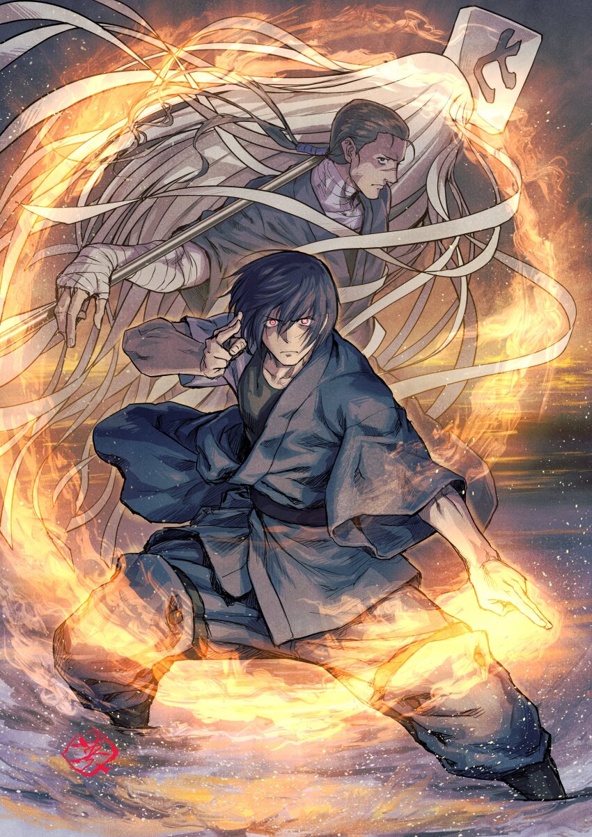 2boys absurdres artist_logo bandages black_eyes black_hair blue_pants closed_mouth commentary_request embers en&#039;en_no_shouboutai fighting_stance fire floating_hair fujii_eishun hair_between_eyes highres japanese_clothes kuji-in legs_apart logo looking_at_viewer low_ponytail male_focus matoi mismatched_pupils multiple_boys pants ponytail profile pyrokinesis red_eyes sagamiya_konro scar scar_on_face scar_on_nose shinmon_benimaru shirt short_hair short_sleeves standing symbol-shaped_pupils water white_shirt