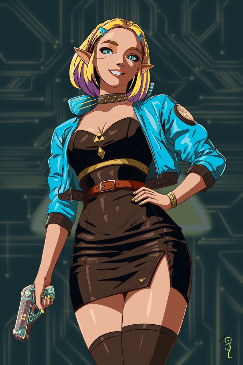 1girl absurdres alternate_universe aqua_eyes belt black_choker black_dress black_thighhighs black_trim blonde_hair blue_jacket bracelet braid breasts choker circuit_board_print cleavage collared_jacket cowboy_shot crown_braid cyberpunk dress gold_bracelet grin gun hair_ornament hairclip hand_on_own_hip handgun highres holding holding_gun holding_weapon jacket jewelry looking_at_viewer medium_breasts medium_hair nintendo nubrix pointy_ears princess_zelda red_belt red_lips short_dress short_sleeves smile solo strapless strapless_dress the_legend_of_zelda thighhighs triforce trigger_discipline weapon yellow_nails zettai_ryouiki