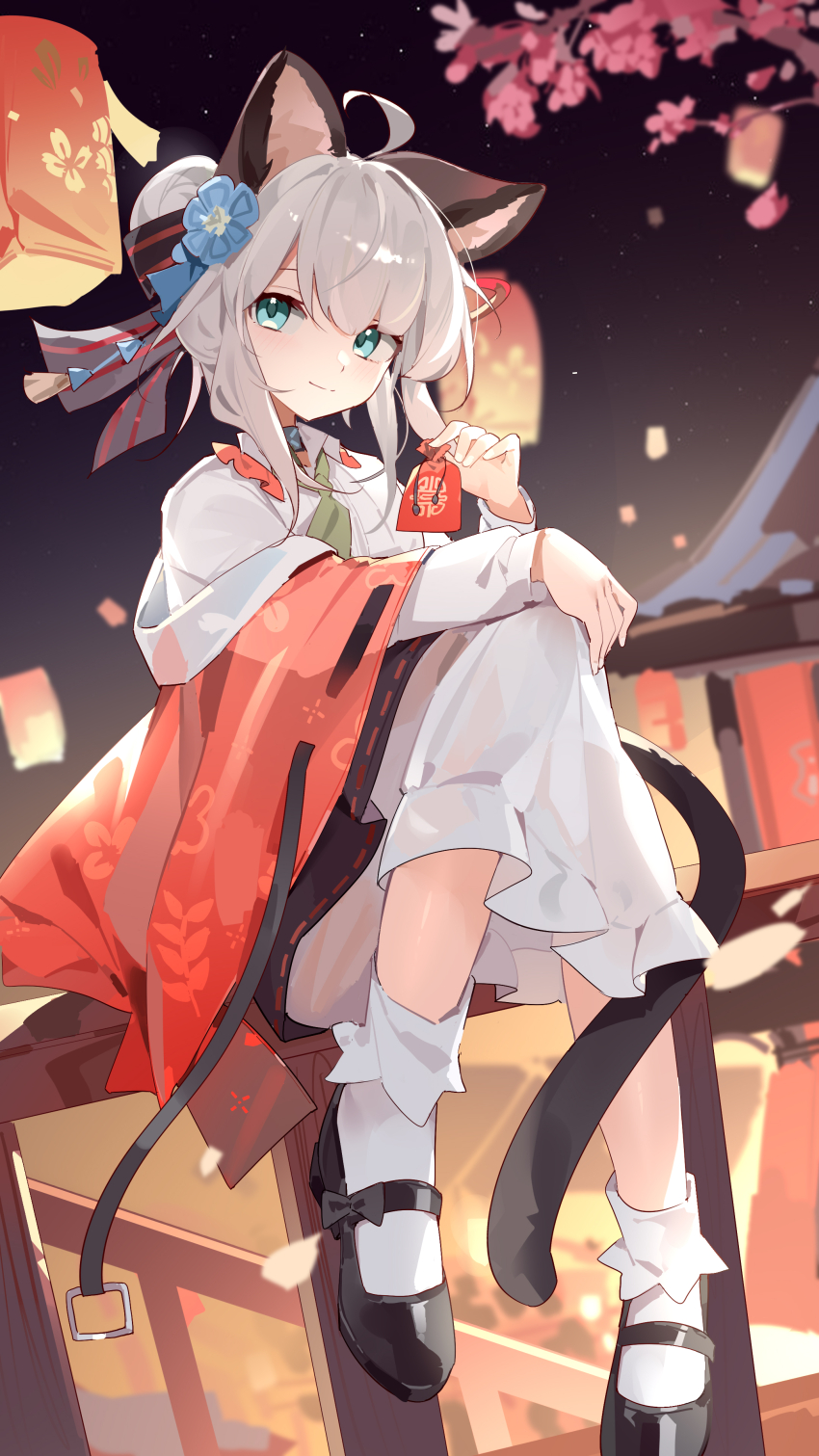 1girl absurdres ahoge animal_ears aqua_eyes arknights bag black_shoes cat_ears cat_tail closed_mouth hair_bun highres holding holding_bag knee_up lantern loafers looking_at_viewer mint_(arknights) night night_sky off_shoulder pants paper_lantern shirt shoes single_hair_bun sitting sky smile socks solo star_(sky) tail teketi white_pants white_shirt white_socks