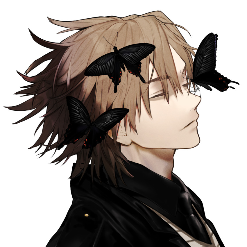 1boy blonde_hair bug butterfly closed_eyes closed_mouth daybit_sem_void fate/grand_order fate_(series) genmai_nagomi highres insect solo