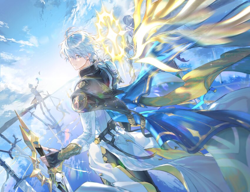 3boys absurdres antenna_hair armor black_gloves black_pants black_shirt blue_cape blue_eyes blue_sky cape coat commentary fingerless_gloves flame_reaver_of_the_deepest_dark floating_cape gloves halo halo_behind_head highres holding holding_sword holding_weapon honkai:_star_rail honkai_(series) hood hood_up ichigawa_(lethe) looking_at_viewer looking_back multiple_boys pants parted_bangs pauldrons phainon_(a_dream_scented_in_wheat)_(honkai:_star_rail) phainon_(honkai:_star_rail) shirt short_hair shoulder_armor single_pauldron sky sword weapon white_coat white_hair yellow_halo yellow_wings