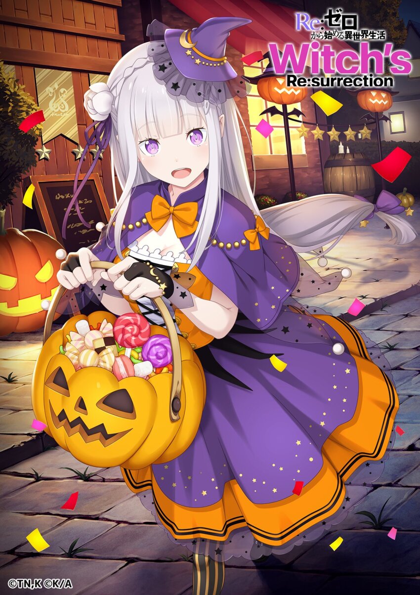 1girl :d artist_request black_bridal_gauntlets black_thighhighs blue_pupils blunt_bangs bow bowtie braid breasts bridal_gauntlets bucket building candy capelet cleavage confetti copyright_name copyright_notice crown_braid dress elf emilia_(re:zero) flower food grey_hair hair_bow hair_flower hair_ornament hair_ribbon halloween halloween_bucket halloween_costume hat highres holding holding_bucket jack-o&#039;-lantern light_blush lollipop long_hair looking_at_viewer medium_breasts medium_dress mini_hat mini_witch_hat night official_art open_mouth orange_bow orange_bowtie orange_dress outdoors pointy_ears purple_bow purple_capelet purple_dress purple_eyes purple_hat purple_ribbon re:zero_kara_hajimeru_isekai_seikatsu re:zero_kara_hajimeru_isekai_seikatsu_witch&#039;s_re:surrection ribbon road sidelocks smile solo strapless strapless_dress street striped_clothes striped_thighhighs swirl_lollipop teeth thighhighs two-tone_dress upper_teeth_only vertical-striped_clothes vertical-striped_thighhighs walking white_flower witch_hat