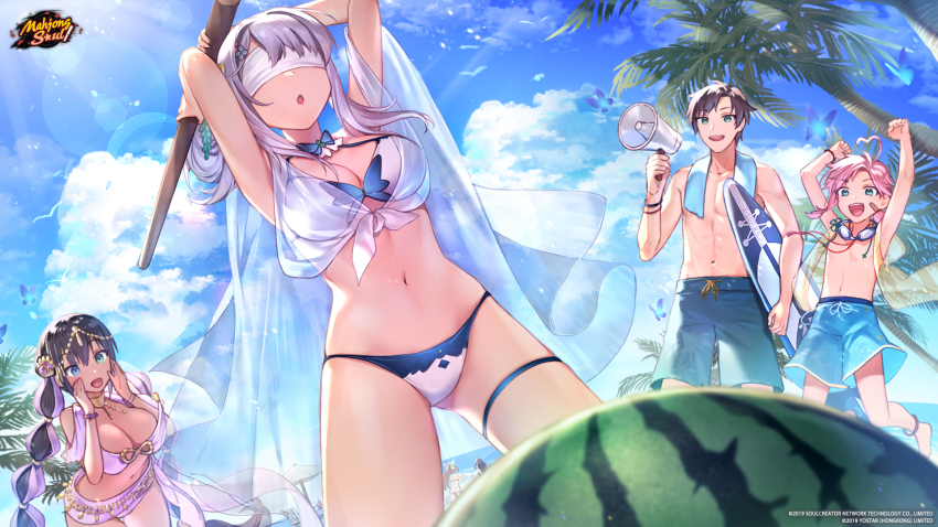 2boys 2girls :d :o abs bandaid bandaid_on_cheek bandaid_on_face bikini blindfold blue_bikini blue_eyes blue_male_swimwear blue_swim_trunks breasts bug butterfly copyright_notice drawstring dutch_angle food fruit goggles goggles_around_neck gold_necklace green_eyes harem_outfit heterochromia highres holding holding_surfboard insect jewelry jumping large_breasts lens_flare mahjong mahjong_soul male_swimwear megaphone multiple_boys multiple_girls navel necklace official_art official_wallpaper open_mouth outdoors palm_tree pink_hair qi_xi sara_(mahjong_soul) shinomiya_natsuki_(mahjong_soul) smile standing surfboard swim_goggles swim_trunks swimsuit takanashi_hinata tenbou topless_male towel towel_around_neck tree tsunakawa watermelon