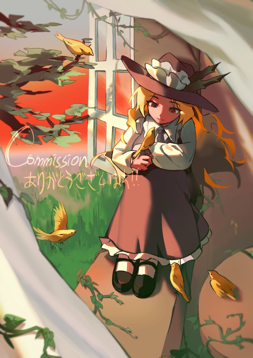 1girl ascot bird black_shoes blonde_hair branch brown_dress brown_hat commentary_request dolls_in_pseudo_paradise dress favnvs_(s910a_ib6) frilled_dress frilled_hat frilled_shirt_collar frills grass green_ascot hat hat_feather highres jacket_girl_(dipp) long_hair long_sleeves mary_janes outdoors red_eyes shirt shoes sitting socks solo touhou very_long_hair wavy_hair white_shirt white_socks window yellow_bird