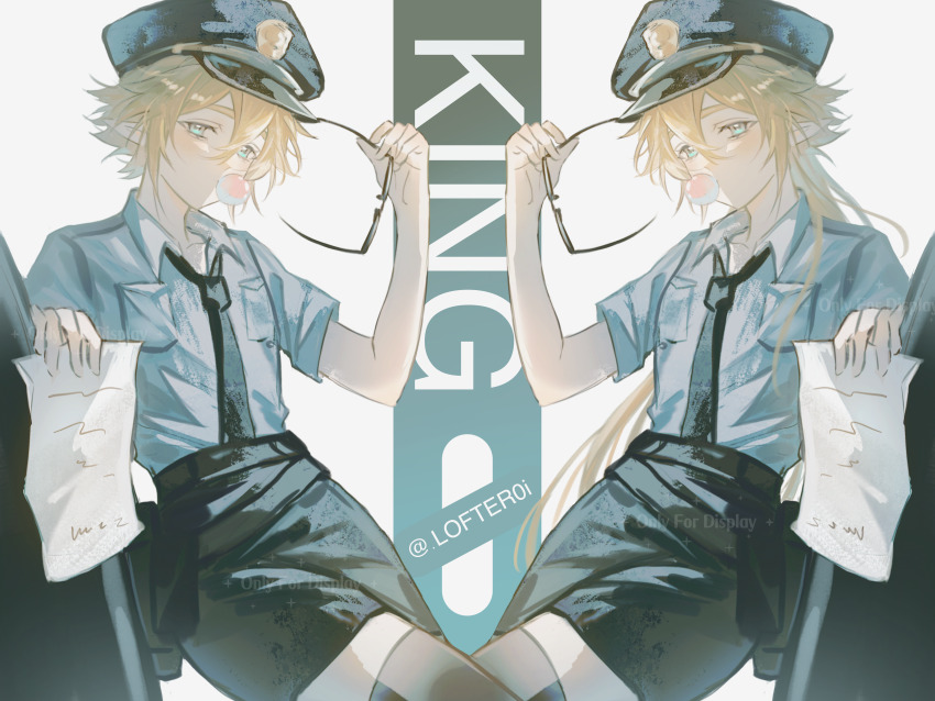 1boy 1girl absurdres alternate_costume alternate_hair_length alternate_hairstyle aotu_world artist_name bishounen black_hat black_necktie black_skirt black_thighhighs blonde_hair blowing_bubble_gum blowing_bubbles blue_eyes blue_shirt blush breasts character_name chewing_gum chinese_commentary collared_shirt crossdressing dual_persona genderswap genderswap_(mtf) hair_between_eyes hat highres holding holding_paper holding_removed_eyewear king_(aotu_world) leaning_against_vehicle long_hair looking_at_viewer necktie paper pencil_skirt plutoray pointy_ears police police_hat police_uniform policewoman shirt short_hair short_sleeves simple_background skirt small_breasts thighhighs trap unworn_eyewear watermark white_background